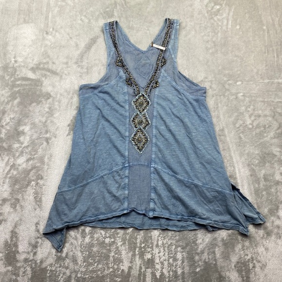 Free People Tops - Free People Blue Beaded Embellished Mesh Sharkbite Tank Top XS Slub Knit Boho